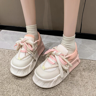 Kawaii biezs apakšas biskvīta kūka biezs apakšas sieviešu dēļu apavi Jaunas modes dēļu apavi gaišas krāsas neglīts lielas galvas sporta apavi