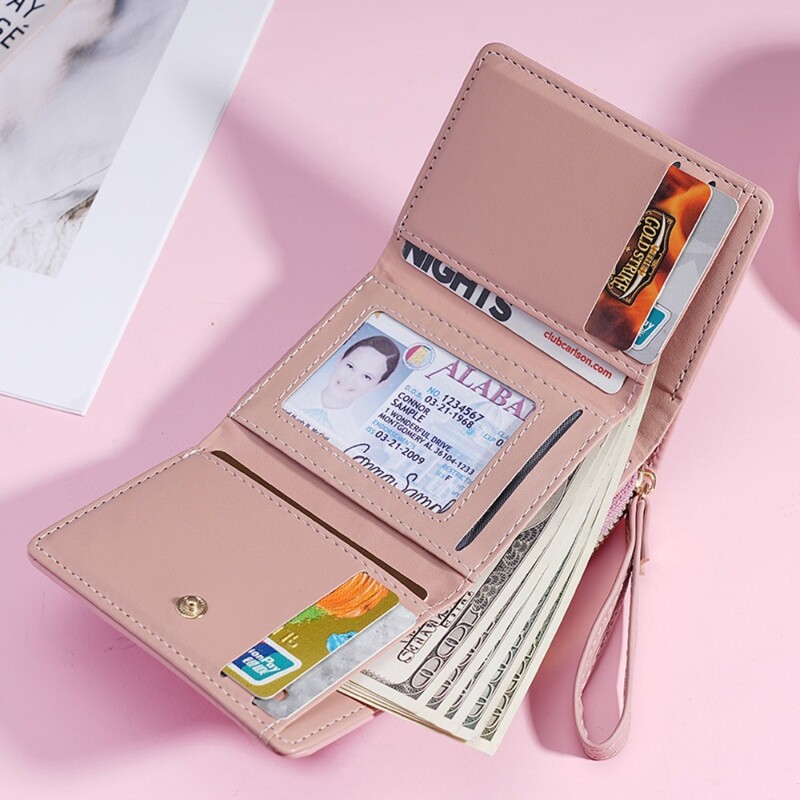 Portofel pentru femei, scurt, pentru fete, la modă, simplu, coreeană, cu monede, cu trei ori, multifuncțional, cu slot pentru carduri, portofel mic