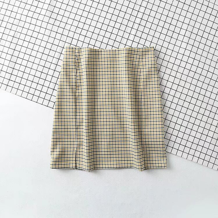 Uus suvine naiste euroopa ja ameerika stiilne, kaasaegne ja mitmekülgne ruuduline seelik kõrge vöökoha ja kahekordse säritusevastase lõhikuga, poolpikkus puusani