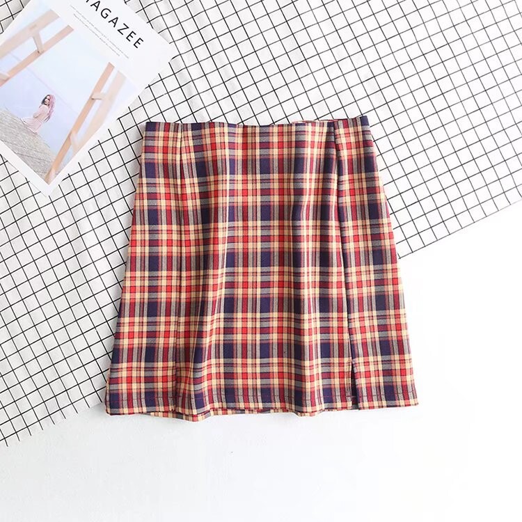 Uus suvine naiste euroopa ja ameerika stiilne, kaasaegne ja mitmekülgne ruuduline seelik kõrge vöökoha ja kahekordse säritusevastase lõhikuga, poolpikkus puusani