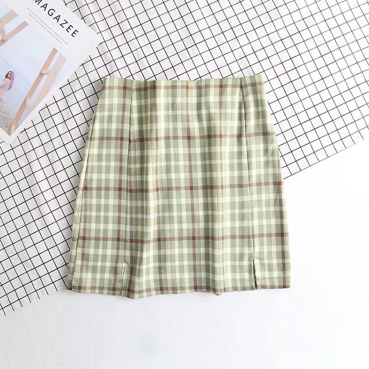 Uus suvine naiste euroopa ja ameerika stiilne, kaasaegne ja mitmekülgne ruuduline seelik kõrge vöökoha ja kahekordse säritusevastase lõhikuga, poolpikkus puusani