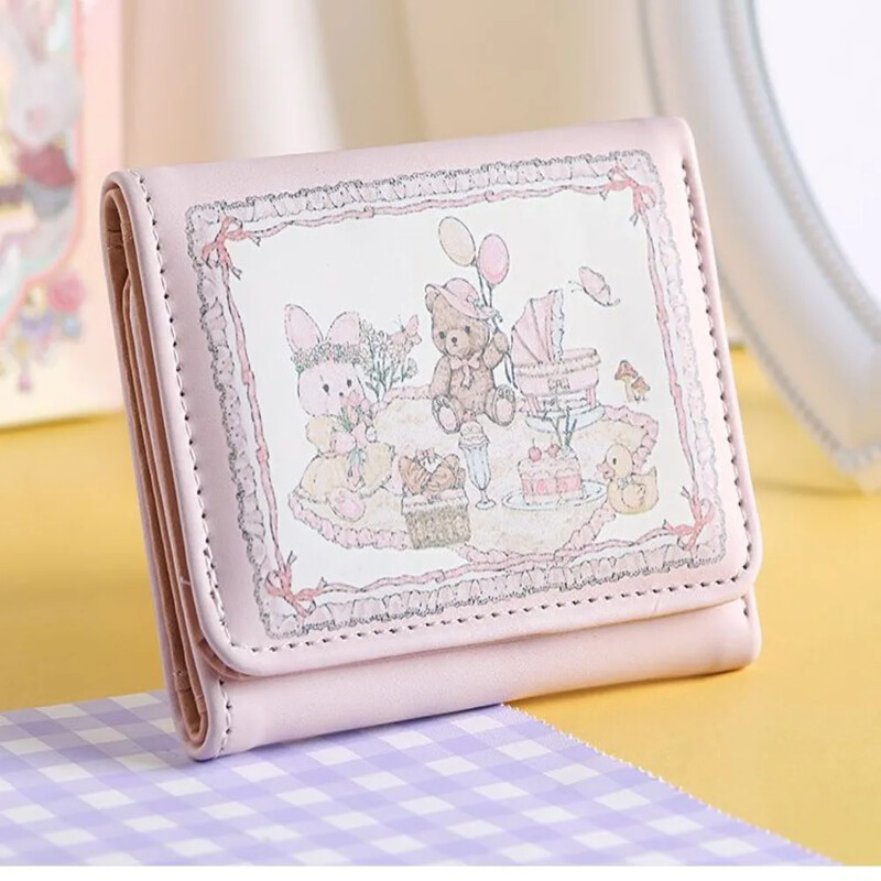 Дизайн на портфейла за момичета. Модни сгъваеми портфейли за сладко мече и заек. Къси портмонета за монети