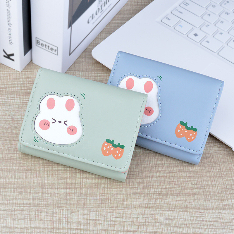 Maža PU piniginė Korėjos zuikis triušis trigubai sulankstomas monetų piniginės Kreditinės tapatybės kortelės laikymo organizatorius Rankinė Moteriška trumpa piniginė kortelės krepšys