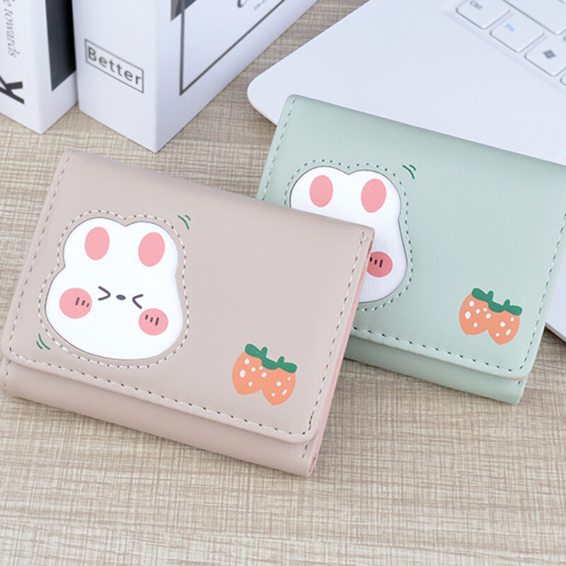 Maža PU piniginė Korėjos zuikis triušis trigubai sulankstomas monetų piniginės Kreditinės tapatybės kortelės laikymo organizatorius Rankinė Moteriška trumpa piniginė kortelės krepšys