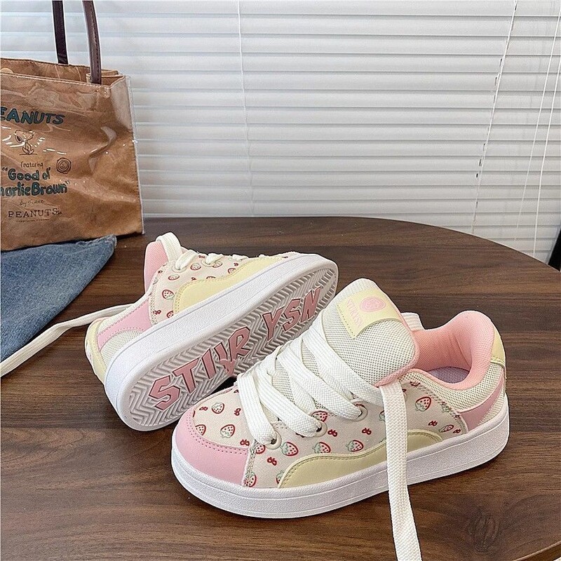 SHANPA Pantofi de damă cu imprimeu cu căpșuni, nișă, în stil coreean, roz, dulci, pantofi sport, versatili, ocazional, pentru femei