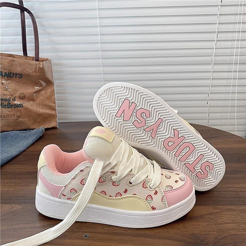 SHANPA Pantofi de damă cu imprimeu cu căpșuni, nișă, în stil coreean, roz, dulci, pantofi sport, versatili, ocazional, pentru femei