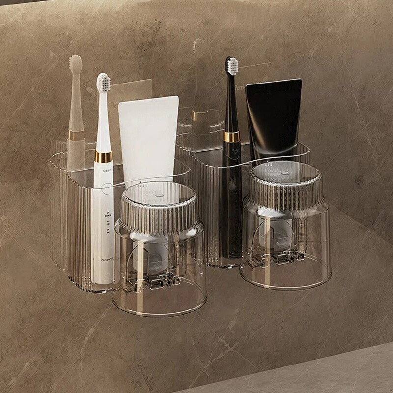 Luksusa pašlīmējošās zobu birstes turētājs Mitrumizturīgs sienas krūzes glabāšanas statīvs Daudzfunkcionāls zobu pastas plaukts Vannas istaba