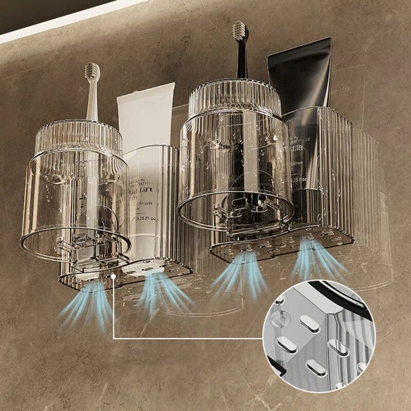 Luksusa pašlīmējošās zobu birstes turētājs Mitrumizturīgs sienas krūzes glabāšanas statīvs Daudzfunkcionāls zobu pastas plaukts Vannas istaba