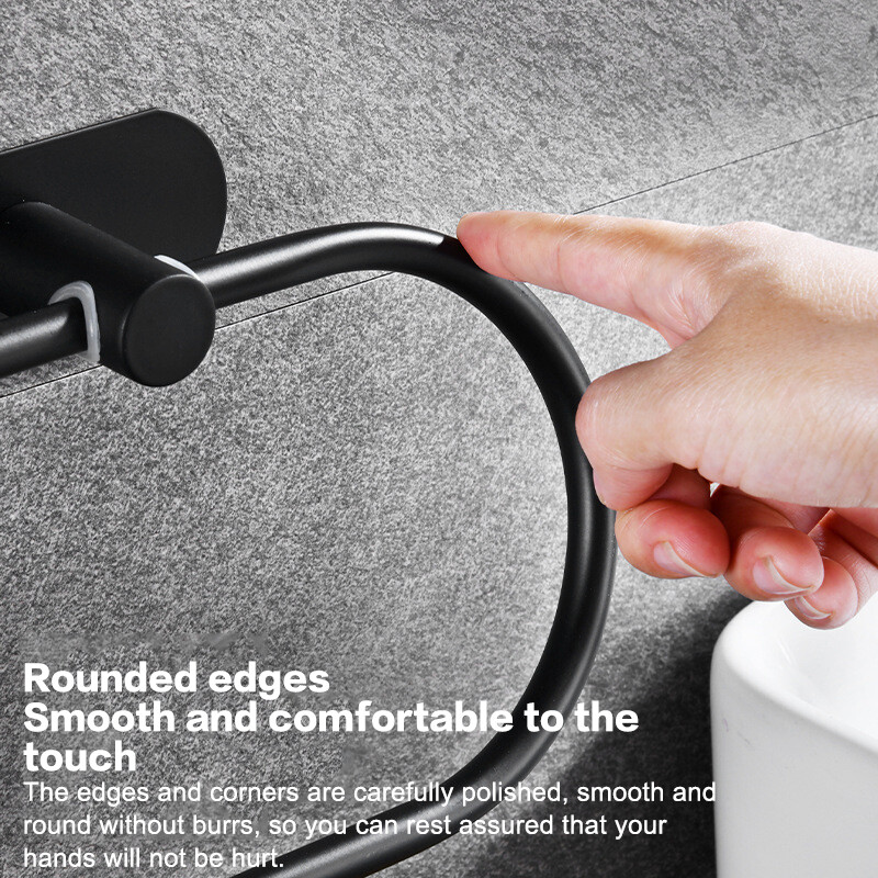 Suport pentru prosoape din oțel inoxidabil Suport auto-adeziv pentru prosoape de baie Umeraș negru pentru spălat cu mâinile inel și bară Accesorii de depozitare pentru bucătărie