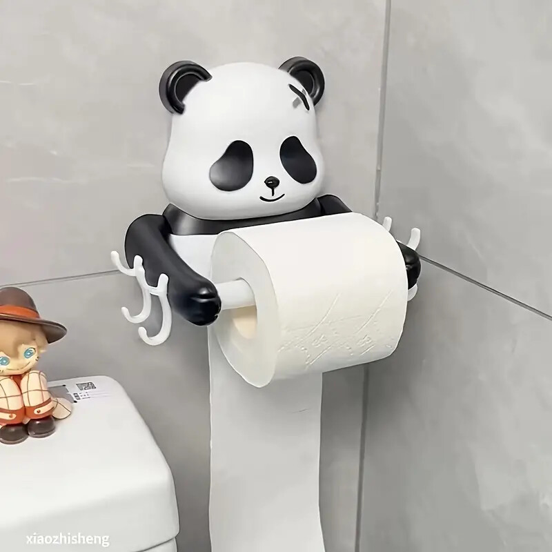 1-osaline Cartoon Panda seinale paigaldatav tualettpaberihoidja, plastmaterjal, isekleepuv paigaldus, puurimine pole vajalik, pinnatöötlus pihustitega, vannitoa kangarulli hoidik koos riiuliga
