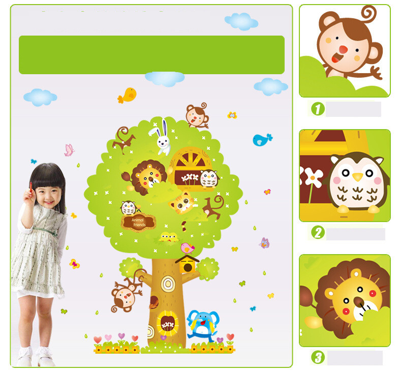 Noņemama videi draudzīga bērnu istabas dekorēšana multfilmas Dzīvnieku koka sienas uzlīme Bērnudārza klases izkārtojuma uzlīme AY227