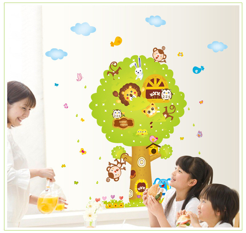 Noņemama videi draudzīga bērnu istabas dekorēšana multfilmas Dzīvnieku koka sienas uzlīme Bērnudārza klases izkārtojuma uzlīme AY227