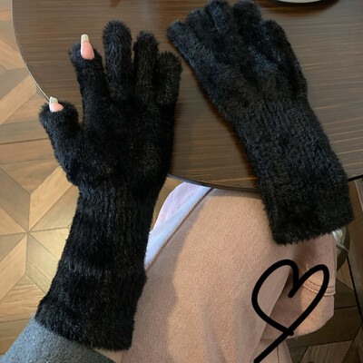 Mănuși lungi din lână de nurcă dulce femei iarna îngroșate tricotate calde scurte pufoase mănuși de pluș braț de protecție mănuși de exterior anti-rece