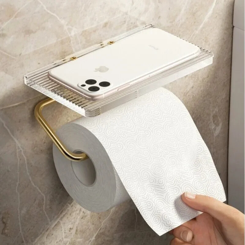 Suport de hârtie igienică de lux, auriu, cu raft, fără perforare Suport de hârtie acrilic pentru rulou, cuier pentru șervețele Accesorii pentru baie