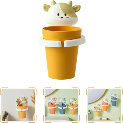 Set 1 bucată de cană de apă de gură cu desene animate de vaca drăguță, suport pentru aparat dentar montat pe perete, pahar de plastic pentru apă de gură cu suport
