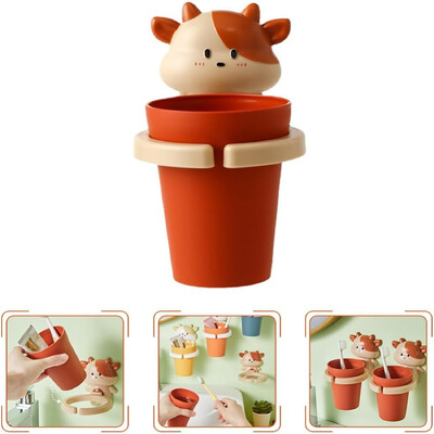 Set 1 bucată de cană de apă de gură cu desene animate de vaca drăguță, suport pentru aparat dentar montat pe perete, pahar de plastic pentru apă de gură cu suport