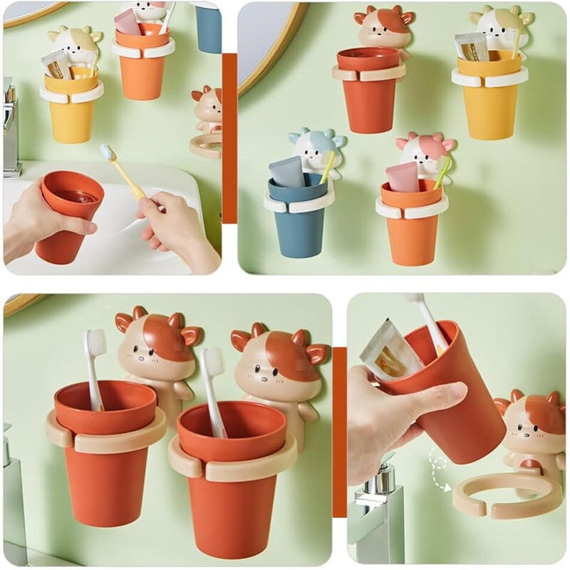 Set 1 bucată de cană de apă de gură cu desene animate de vaca drăguță, suport pentru aparat dentar montat pe perete, pahar de plastic pentru apă de gură cu suport