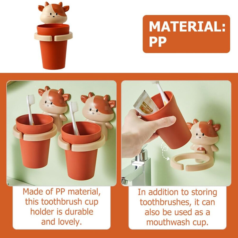 Set 1 bucată de cană de apă de gură cu desene animate de vaca drăguță, suport pentru aparat dentar montat pe perete, pahar de plastic pentru apă de gură cu suport