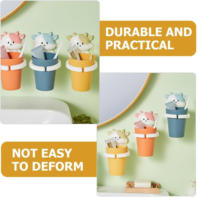 Set 1 bucată de cană de apă de gură cu desene animate de vaca drăguță, suport pentru aparat dentar montat pe perete, pahar de plastic pentru apă de gură cu suport