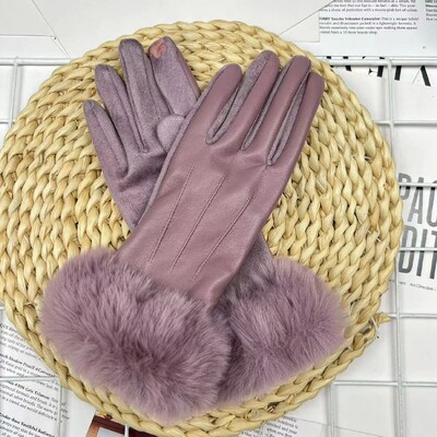 Femei iarnă caldă din piele PU piele intoarsă îmbinare plus catifea mănuși îngroșate modă elegantă ciclism drive ecran tactil pluș încheietura mâinii