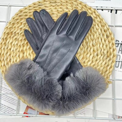 Femei iarnă caldă din piele PU piele intoarsă îmbinare plus catifea mănuși îngroșate modă elegantă ciclism drive ecran tactil pluș încheietura mâinii