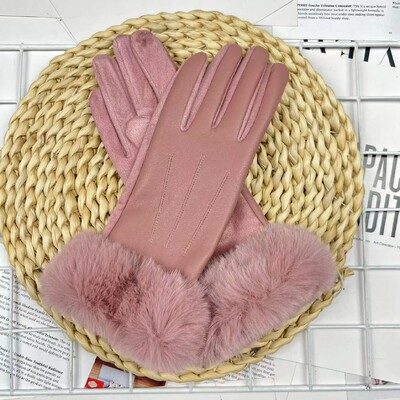 Femei iarnă caldă din piele PU piele intoarsă îmbinare plus catifea mănuși îngroșate modă elegantă ciclism drive ecran tactil pluș încheietura mâinii