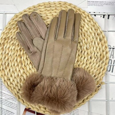 Femei iarnă caldă din piele PU piele intoarsă îmbinare plus catifea mănuși îngroșate modă elegantă ciclism drive ecran tactil pluș încheietura mâinii