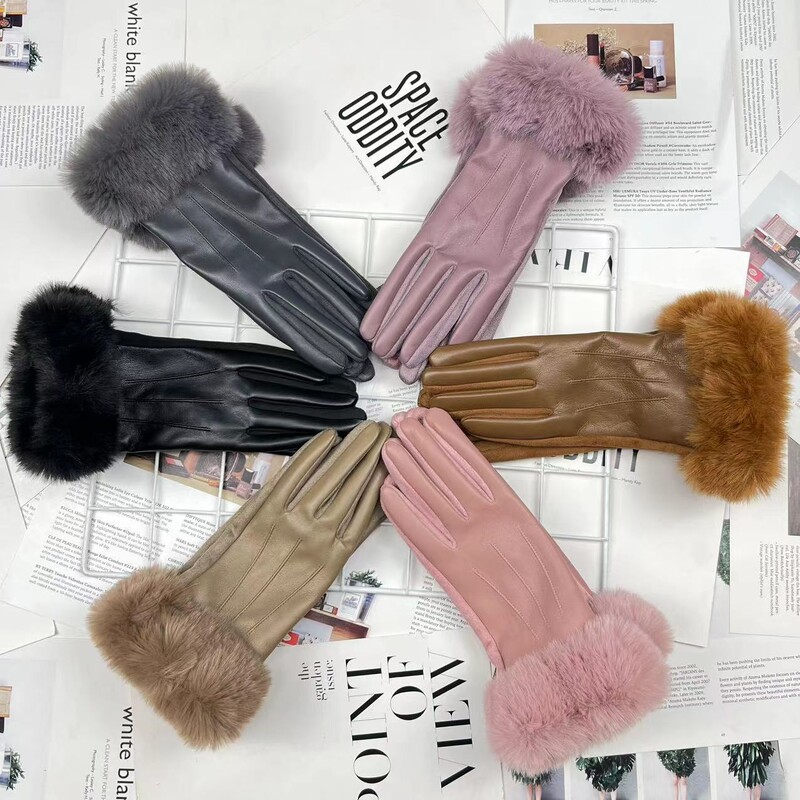 Femei iarnă caldă din piele PU piele intoarsă îmbinare plus catifea mănuși îngroșate modă elegantă ciclism drive ecran tactil pluș încheietura mâinii