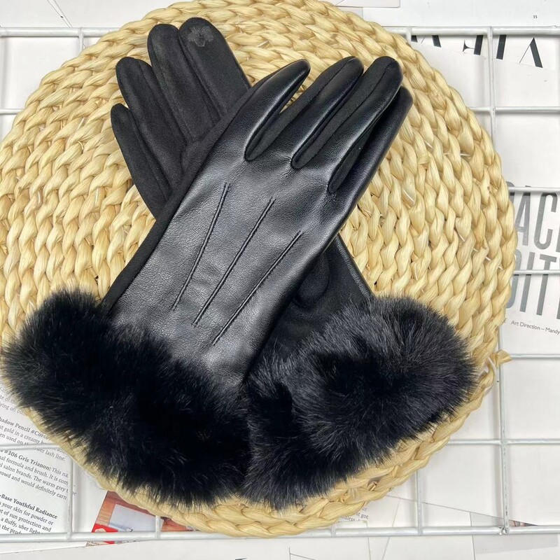 Femei iarnă caldă din piele PU piele intoarsă îmbinare plus catifea mănuși îngroșate modă elegantă ciclism drive ecran tactil pluș încheietura mâinii