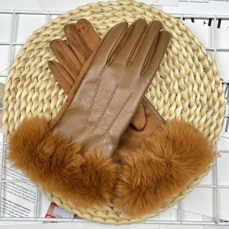 Femei iarnă caldă din piele PU piele intoarsă îmbinare plus catifea mănuși îngroșate modă elegantă ciclism drive ecran tactil pluș încheietura mâinii
