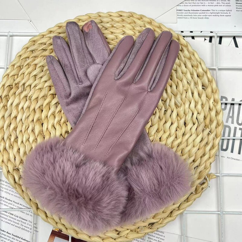 Femei iarnă caldă din piele PU piele intoarsă îmbinare plus catifea mănuși îngroșate modă elegantă ciclism drive ecran tactil pluș încheietura mâinii