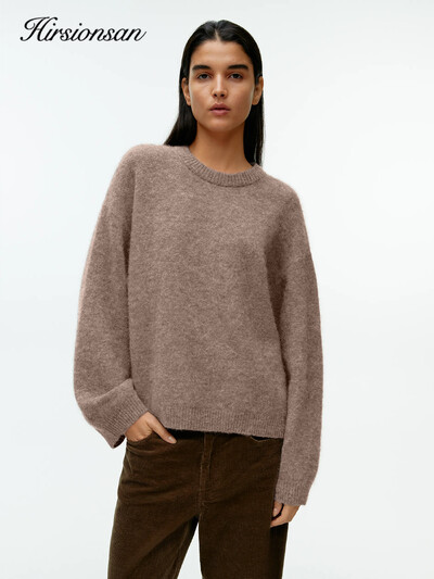 Hirsionsan Basic O kakla luktura piedurkņu džemperis sievietēm, 2024. gada lielizmēra rozā zili trikotāžas džemperi Sieviešu ikdienas biezi silti topi