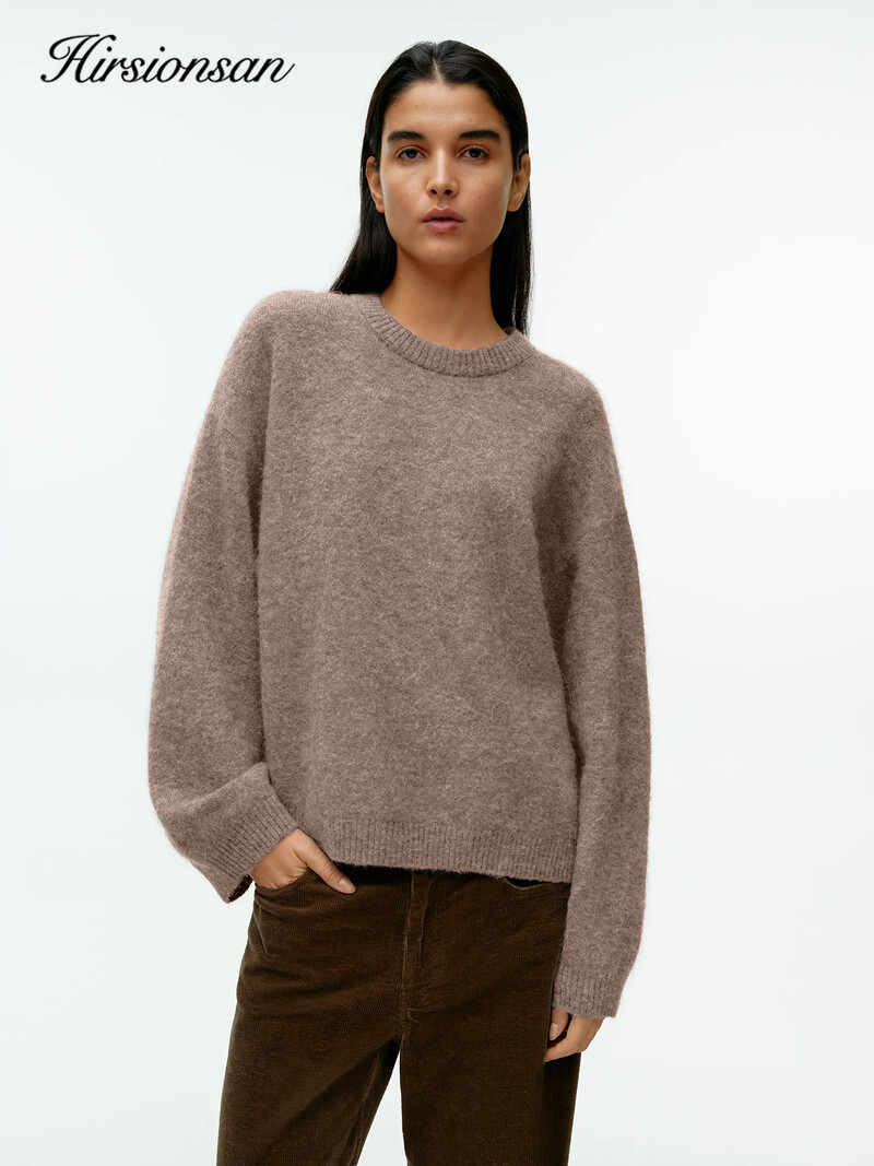 Hirsionsan Basic O kakla luktura piedurkņu džemperis sievietēm, 2024. gada lielizmēra rozā zili trikotāžas džemperi Sieviešu ikdienas biezi silti topi