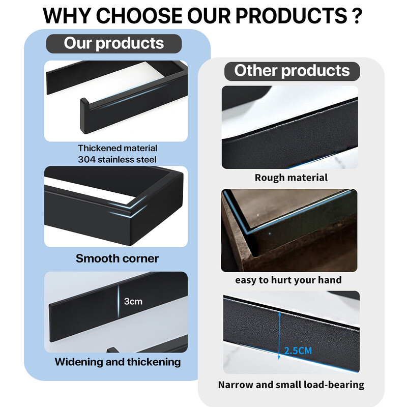 Tualetes ruļļu turētājs Matēts melns tualetes papīra turētājs bez urbšanas sienas dvieļu turētājs SUS304 nerūsējošais tērauds vannas istabai