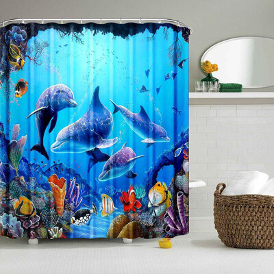 Perdeau de duș cu delfin Blue Underwater World Marine Life Tesatura din poliester pentru copii Set decor baie cu 12 cârlige