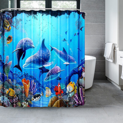 Perdeau de duș cu delfin Blue Underwater World Marine Life Tesatura din poliester pentru copii Set decor baie cu 12 cârlige