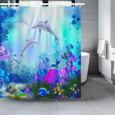 Perdeau de duș cu delfin Blue Underwater World Marine Life Tesatura din poliester pentru copii Set decor baie cu 12 cârlige