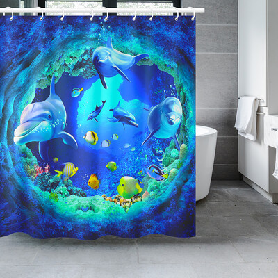 Perdeau de duș cu delfin Blue Underwater World Marine Life Tesatura din poliester pentru copii Set decor baie cu 12 cârlige
