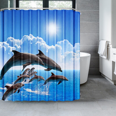 Perdeau de duș cu delfin Blue Underwater World Marine Life Tesatura din poliester pentru copii Set decor baie cu 12 cârlige