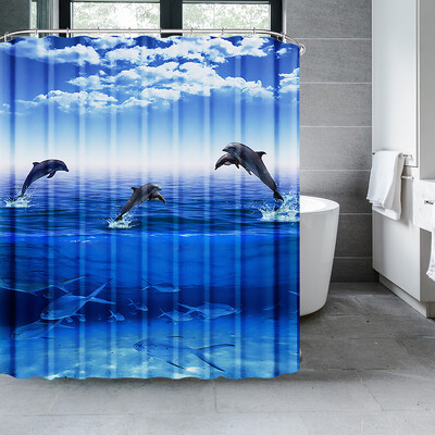 Perdeau de duș cu delfin Blue Underwater World Marine Life Tesatura din poliester pentru copii Set decor baie cu 12 cârlige