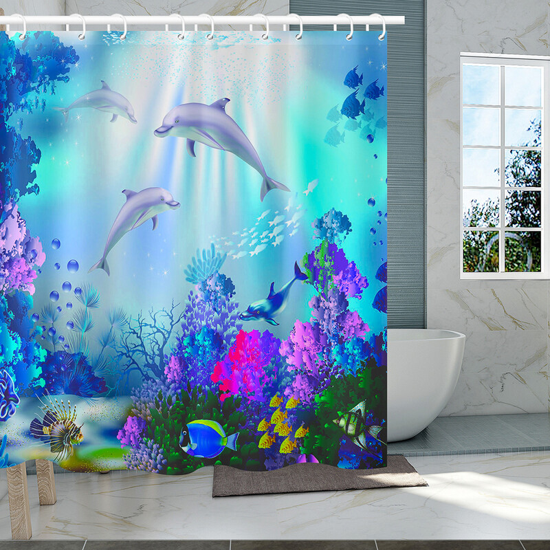 Perdeau de duș cu delfin Blue Underwater World Marine Life Tesatura din poliester pentru copii Set decor baie cu 12 cârlige