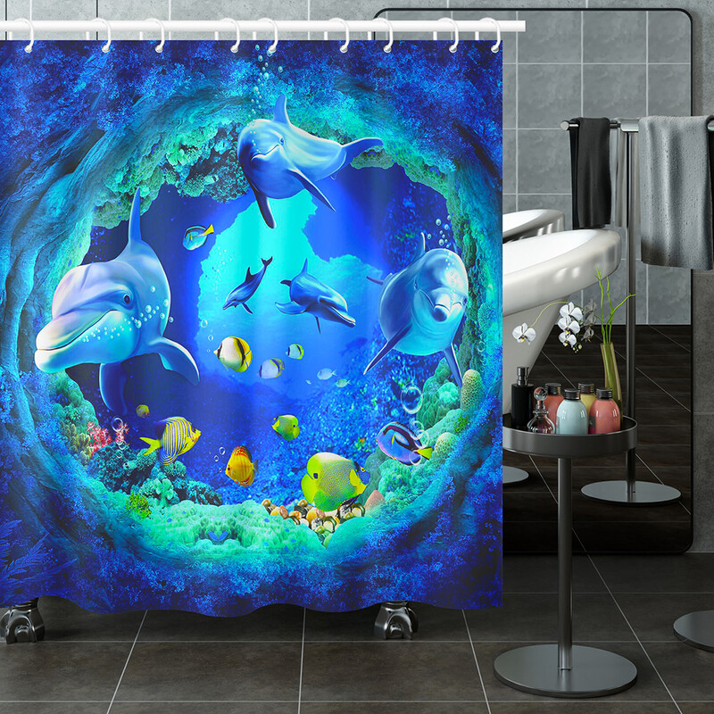 Perdeau de duș cu delfin Blue Underwater World Marine Life Tesatura din poliester pentru copii Set decor baie cu 12 cârlige