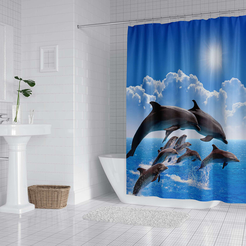 Perdeau de duș cu delfin Blue Underwater World Marine Life Tesatura din poliester pentru copii Set decor baie cu 12 cârlige