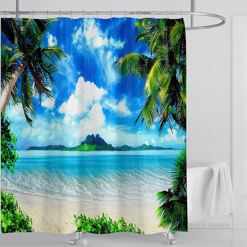 Perdeau de duș mare plajă 3D Modern tropical frunze de palmier peisaj imprimat Baie Impermeabil Decorat pentru casa Paravan de duș lavabil