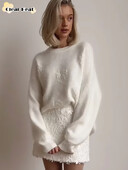 Sieviešu vienkrāsains izšuvums ar apdruku trikotāžas džemperis ikdienišķs ar garu kakla izgriezumu, brīvs džemperis rudens ziemas dāmu High Street džemperi