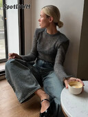 Pulover tricotat subțire cu gât rotund, la modă, elegant, cu mânecă lungă, pulover bodycon, 2024, noua toamnă, îmbrăcăminte de stradă pentru navetă