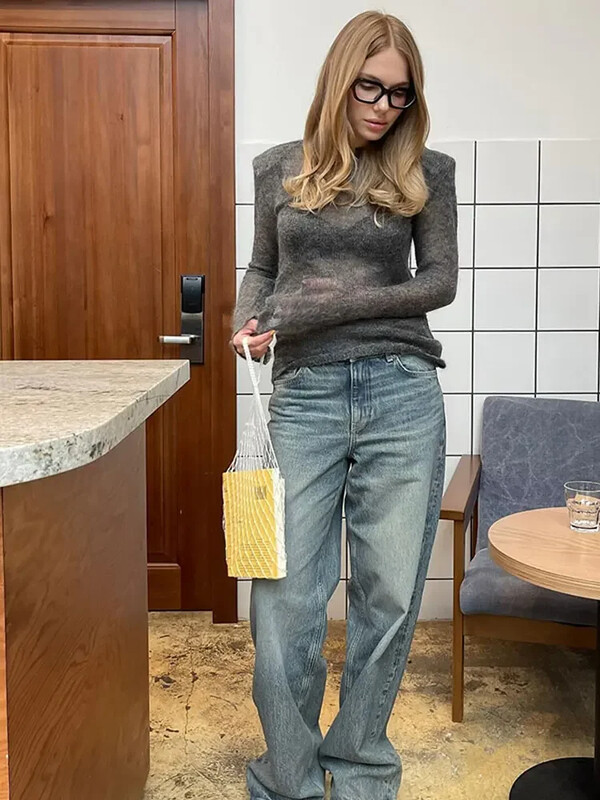 Pulover tricotat subțire cu gât rotund, la modă, elegant, cu mânecă lungă, pulover bodycon, 2024, noua toamnă, îmbrăcăminte de stradă pentru navetă