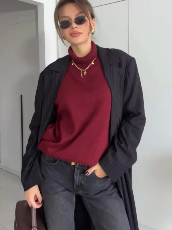 Burgundia punane vaba vabaaja 2024. aasta Turtleneck Pullover Naiste pikkade varrukatega kampsun Naiste sügistalvise klassikaline trikotaaž kampsunid