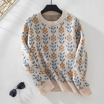 Pulovere retro jacquard 2025, colecție de femei, cu gât rotund, pulovere tricotate, la modă, ocazional, blând.