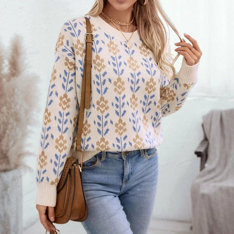 Pulovere retro jacquard 2025, colecție de femei, cu gât rotund, pulovere tricotate, la modă, ocazional, blând.